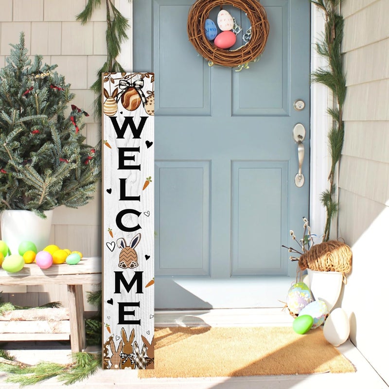 Seimip Easter Welcome Sign for Front Door, 47'' Tall Happy Easter Bunny Wooden Porch Sign for Patio, Rabbit Eggs Standing Vertical Door Signs Spring Rustic Yard Signs Seasonal Outdoor Signs for Garden - Image 1